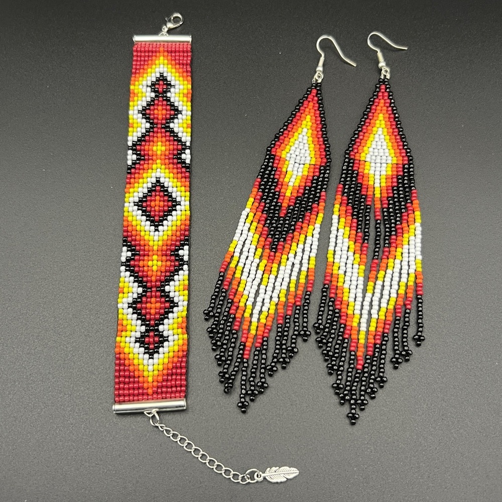 Loom Beaded Cuff Bracelet and Triangle Fringe Earrings Set